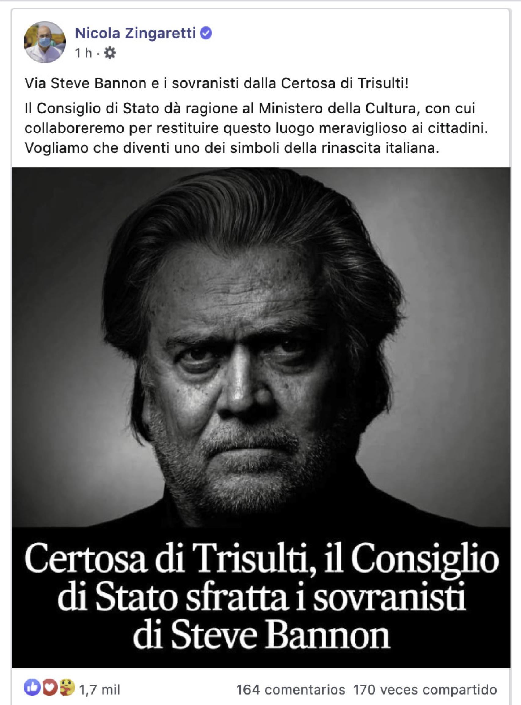 Publicación en Facebook de Nicola Zingaretti, presidente de la región del Lazio.