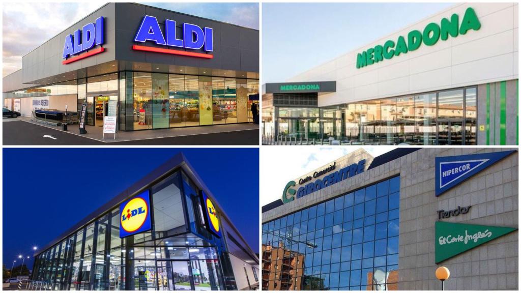 De arriba a abajo y de izquierda a derecha: Aldi, Mercadona, Lidl e Hipercor.