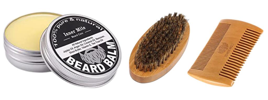 El bálsamo, el cepillo y el peine que incluye el kit.