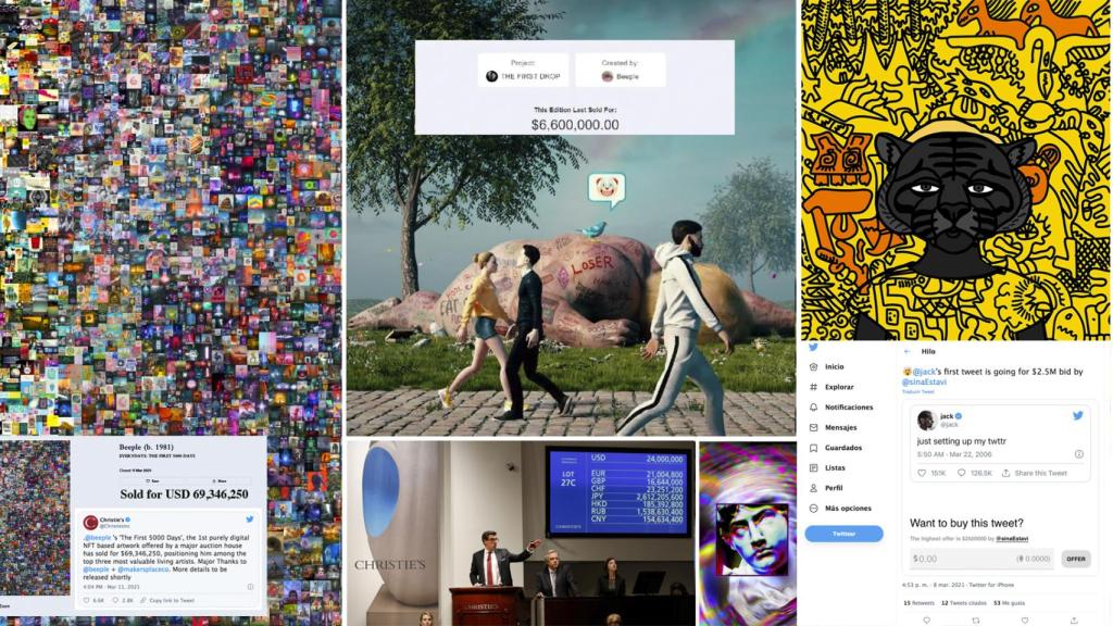 Composición con ejemplos de las obras de arte con NFT que han sido noticia en los últimos meses. Autor: Adolfo Plasencia