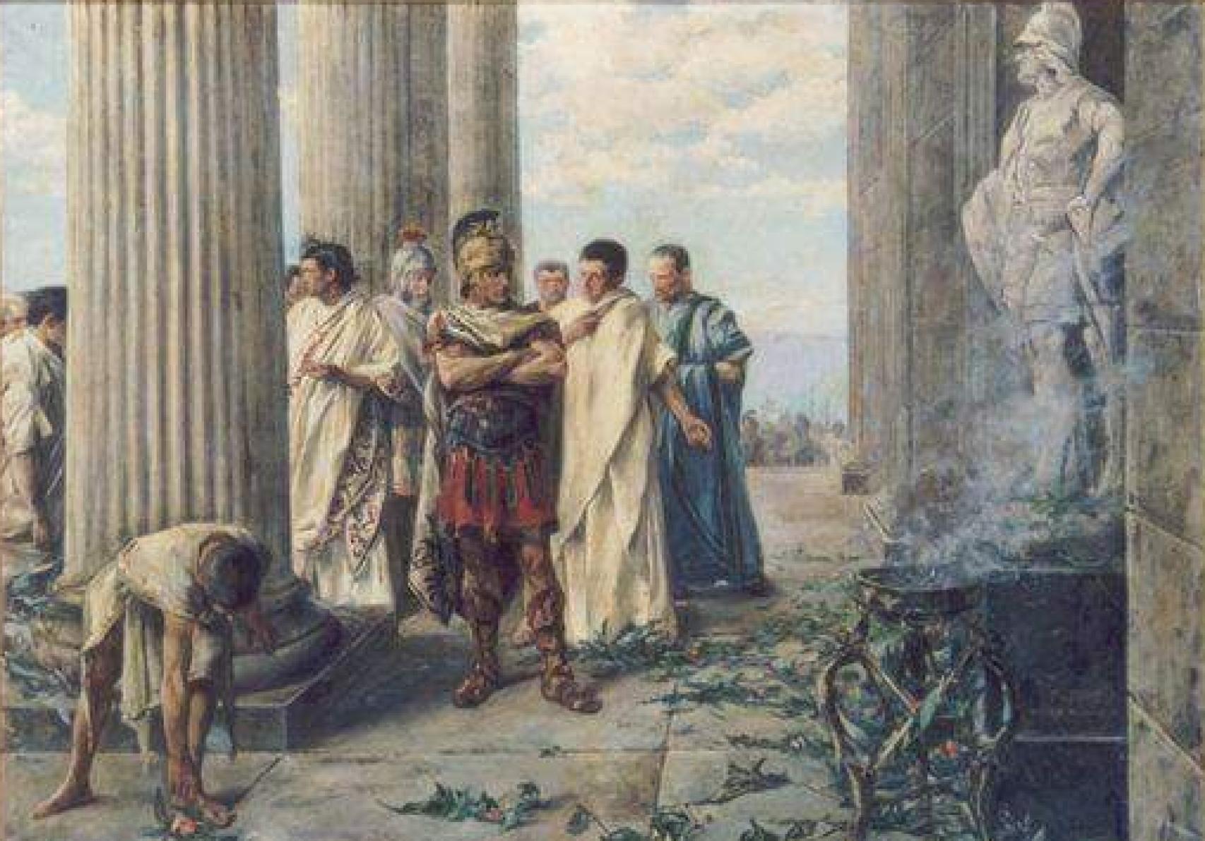 Julio César ante la estatua de Alejandro Magno en el Templo de Hércules.