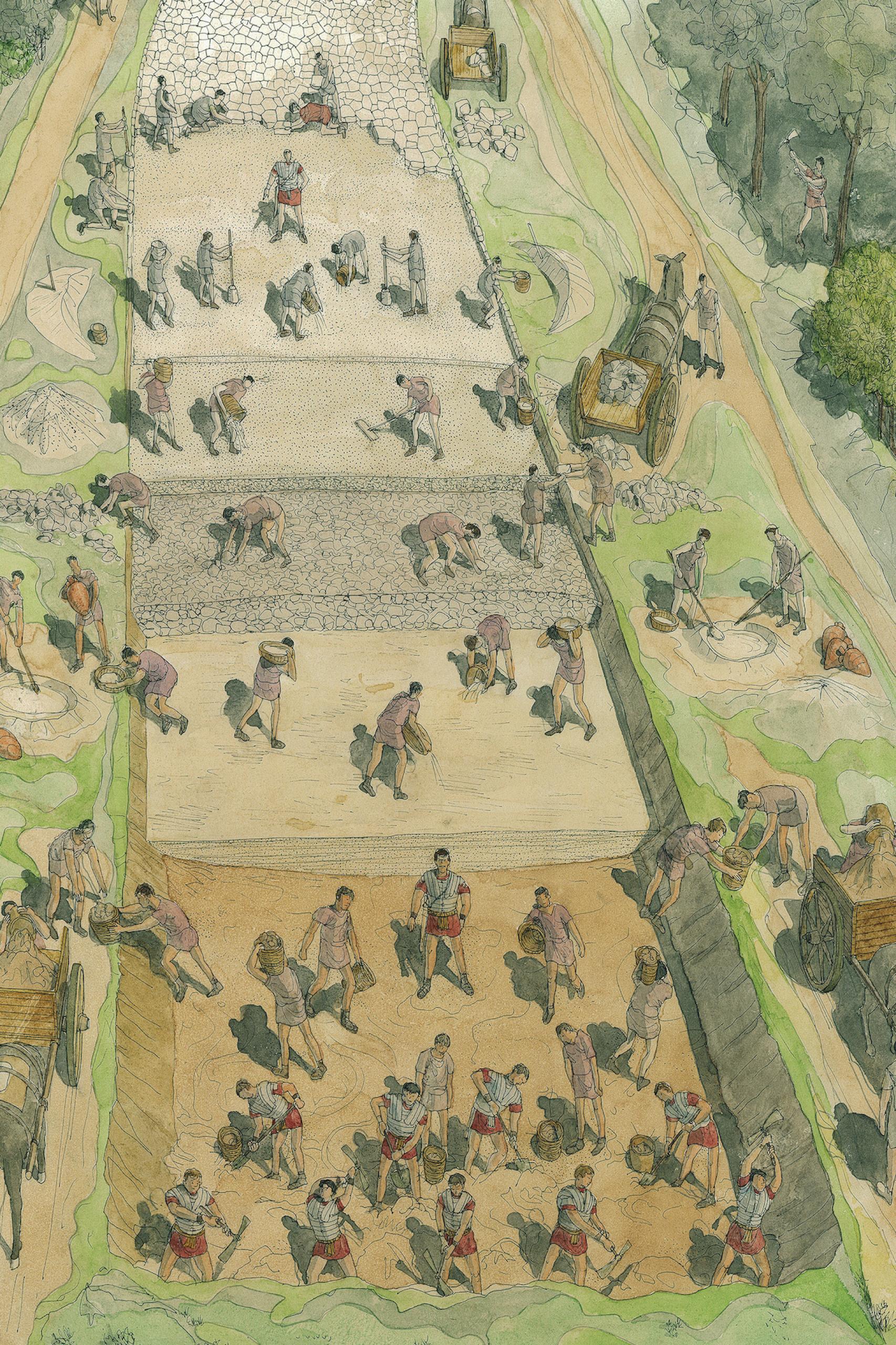 Recreación de legionarios romanos construyendo una calzada según Jean-Calaude Golvin.