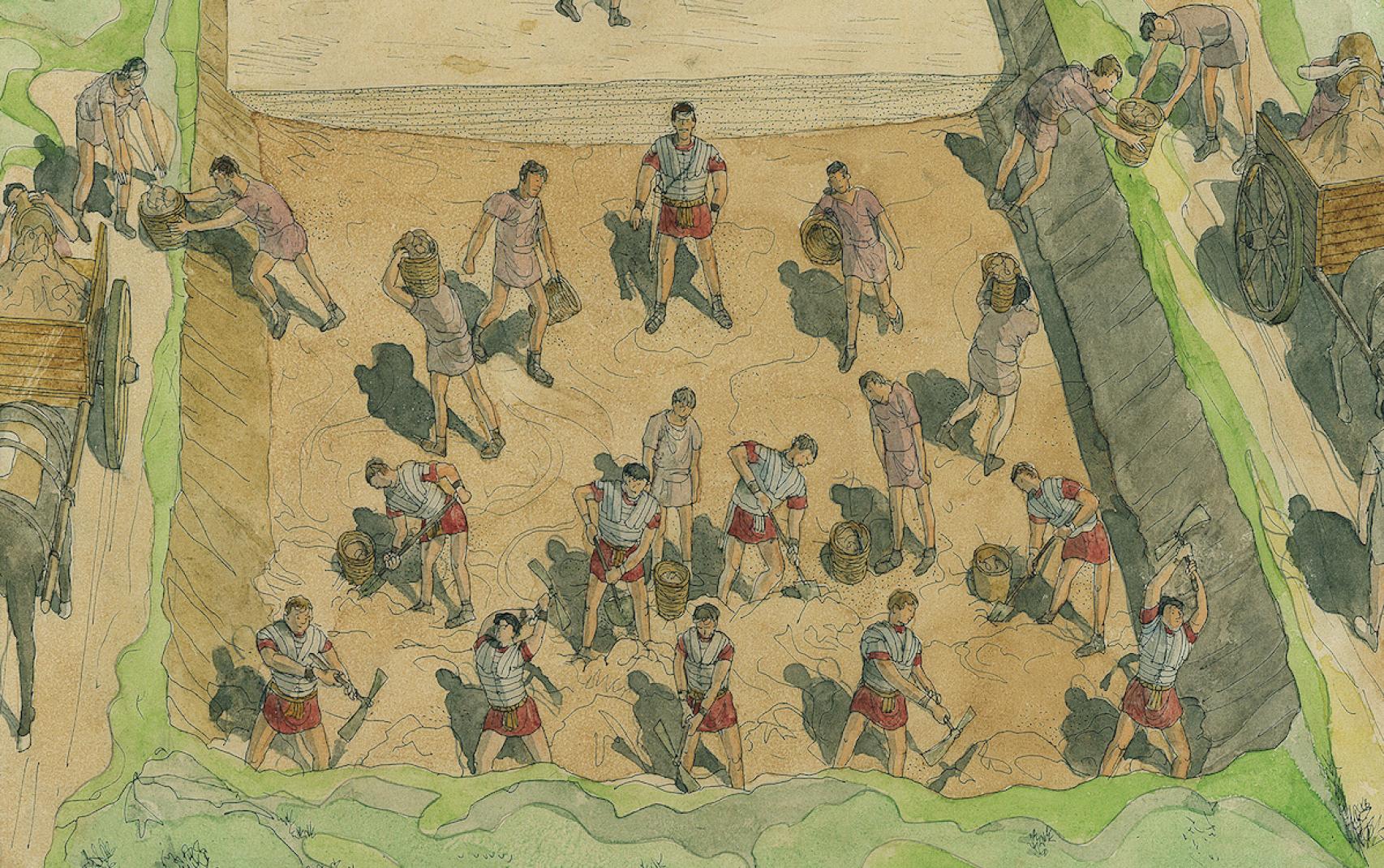 Recreación de legionarios romanos construyendo una calzada según Jean-Calaude Golvin.