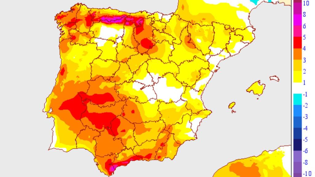 Variación de temperaturas máximas para el lunes. Aemet.