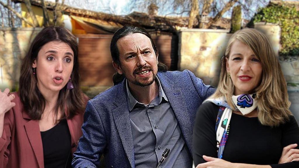 Irene Montero, Pablo Iglesias y Yolanda Díaz en un fotomontaje frente a la casa de Galapagar.