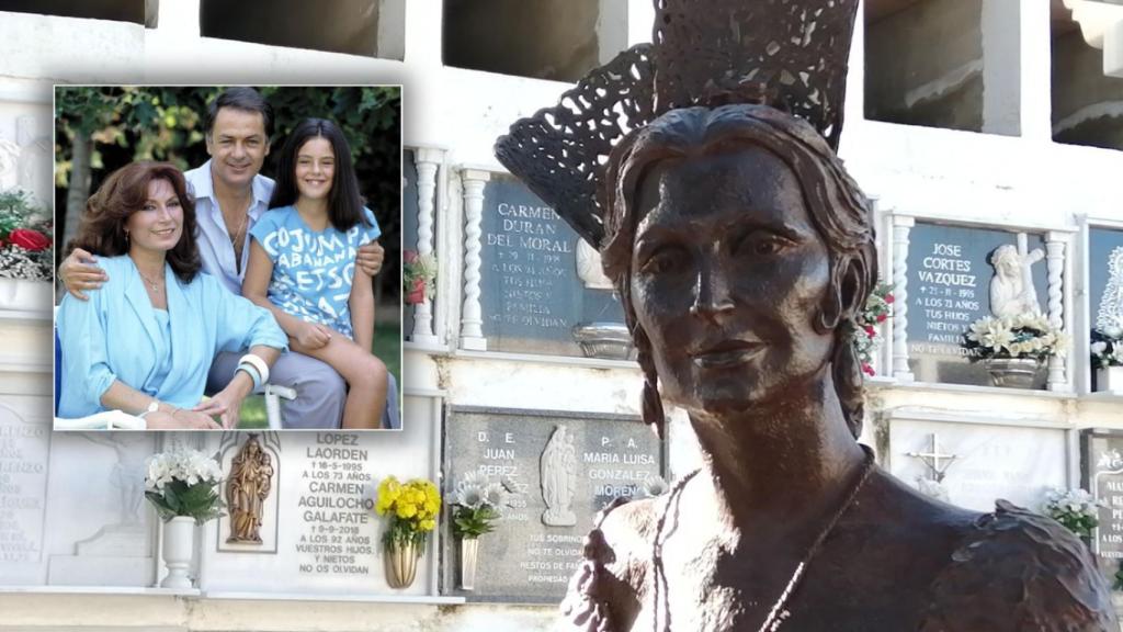 Rocío Jurado, Pedro Carrasco y Rocío Carrasco (en la foto de la izquierda) y la estatua de Rocío Jurado en Chipiona.