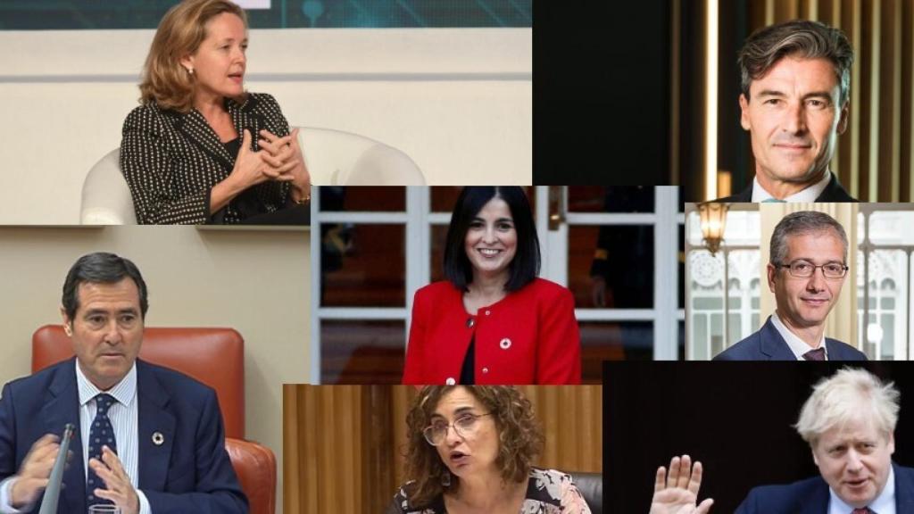 Nadia Calviño, Federico Linares, Antonio Garamendi, Carolina Darias, Pablo Hernández de Cos, María Jesús Montero y Boris Johnson.