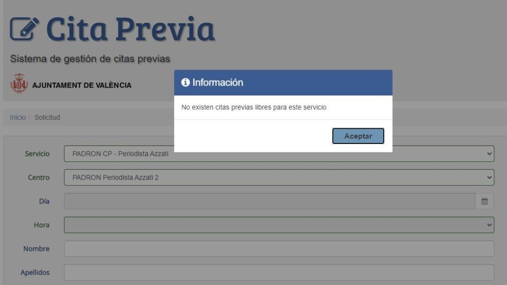 Mensaje de la web municipal a las 8.44, tras agotarse las citas previas en solo 14 minutos. EE