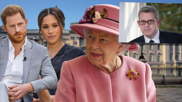 Harry y Meghan junto a la reina Isabel II y su nuevo asesor, Andrew Parker, en montaje de JALEOS.