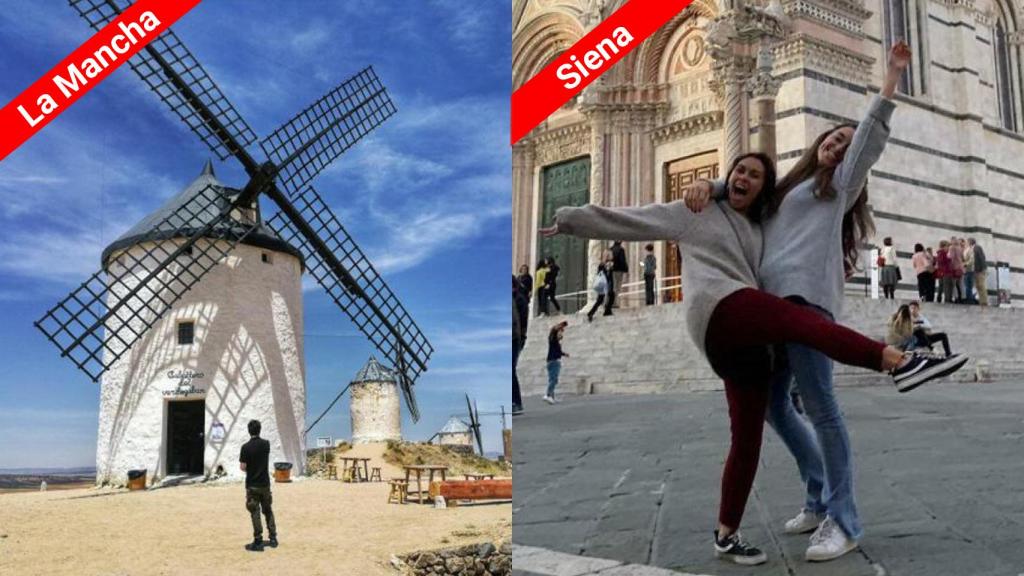 A la izquierda Ayna, un municipio de la sierra de Albacete con 591 habitantes y, a la derecha, dos estudiantes de Erasmus en Italia.