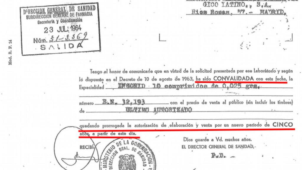 La Dirección General de Sanidad autorizando en 1964 la producción y distribución de un fármaco con talidomida.