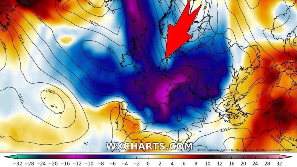 La masa de frío ártico descendiendo hacia Europa central y del sur. Severe-weather.eu.