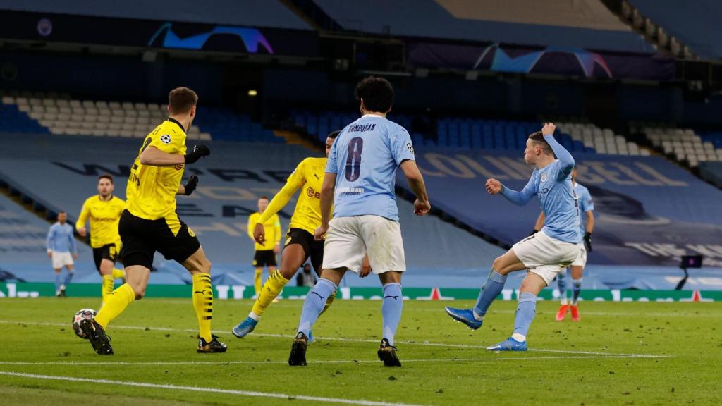 El City celebra su gol en el descuento ante el Dortmund