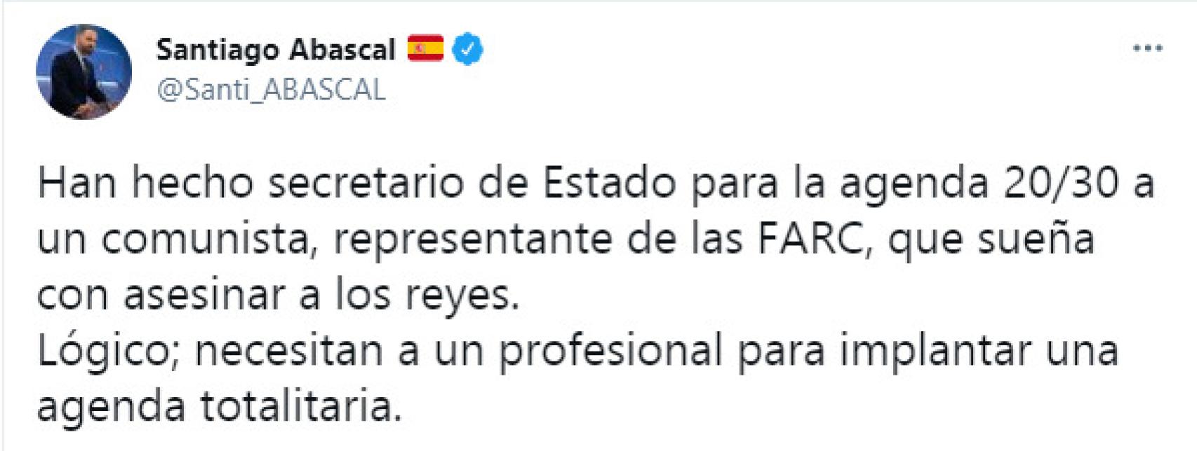 Santiago Abascal sobre el nombramiento de Enrique Santiago como secretario de Estado.