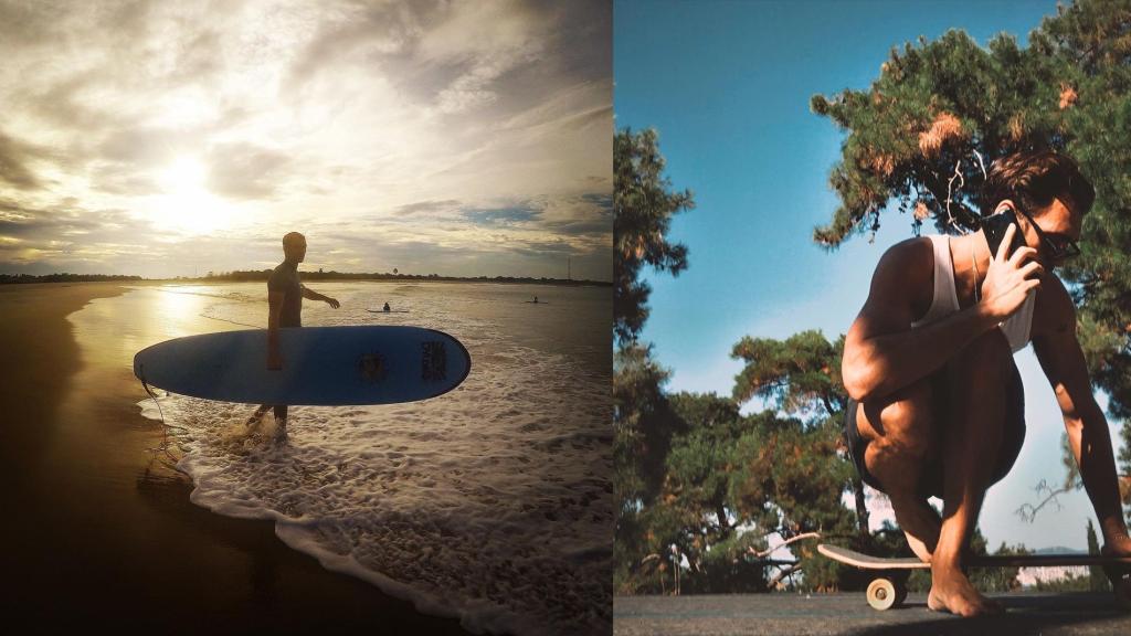 El actor practicando dos de los deportes que le apasionan: surf y montar en monopatín.