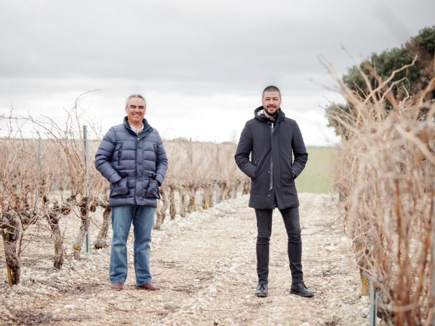 Hugo del Pozzo y Vicente Pliego en el viñedo de Pinea.