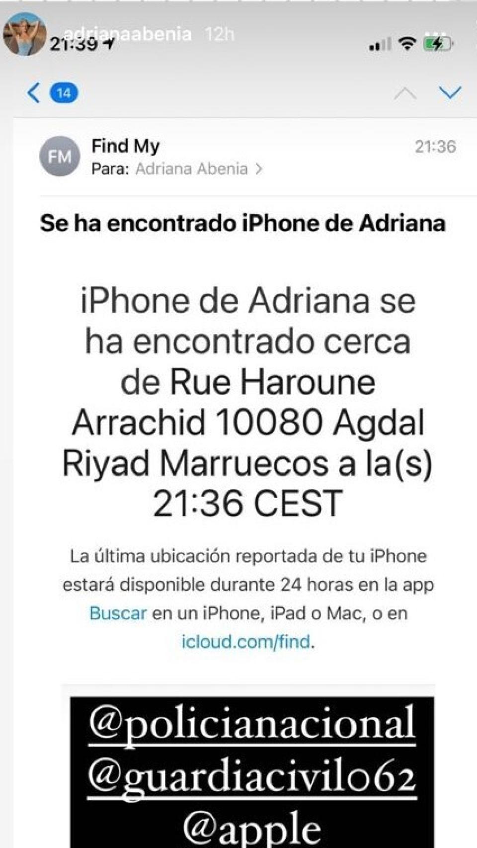 Adriana Abenia ha explicado que conoce la localización de su móvil robado.