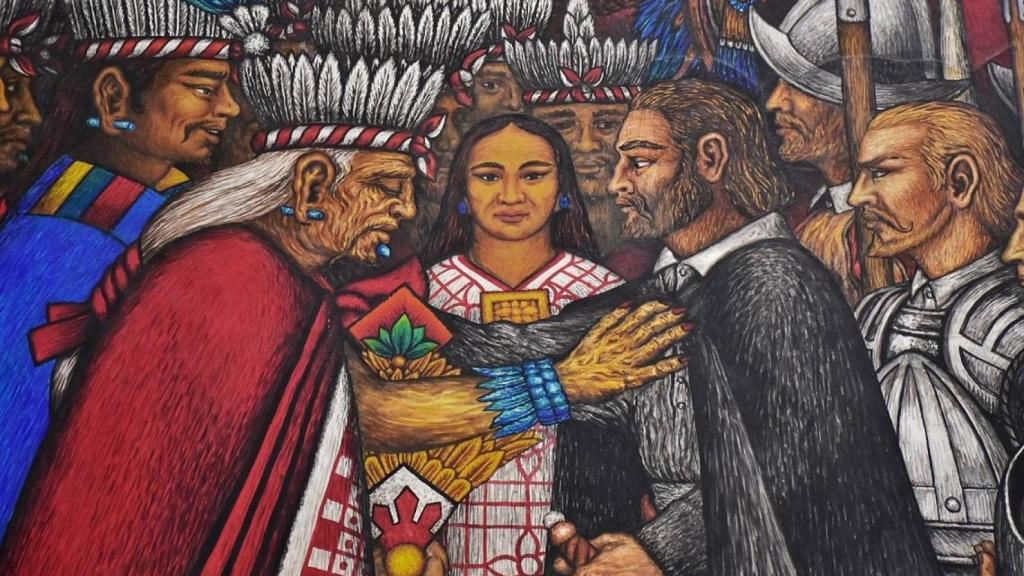 Mural que representa la unión entre tlaxcalteca y españoles.
