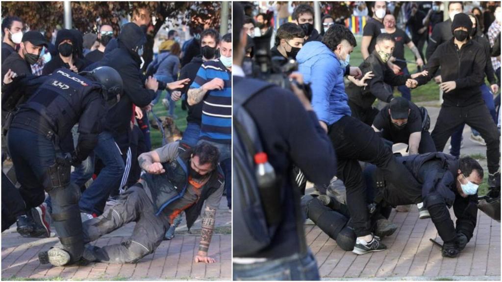 La secuencia en la que los radicales tumban y patean a un agente de la policía.