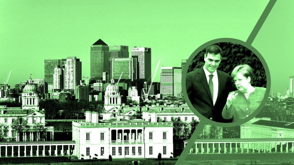 Pedro Sánchez y Ángela Merkel, con una imagen del Canary Wharf (Londres) de fondo.