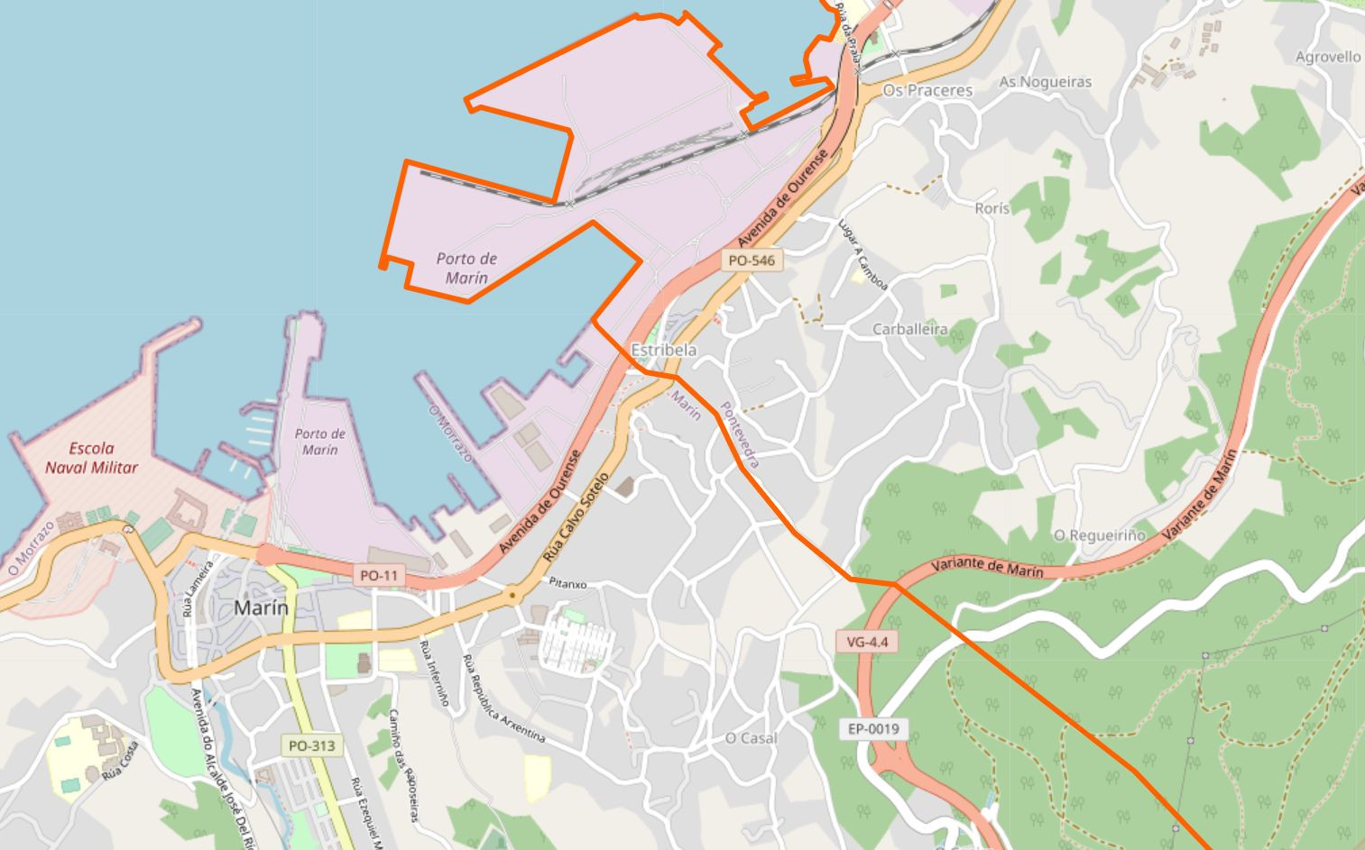 Frontera entre Pontevedra y Marín (línea roja)