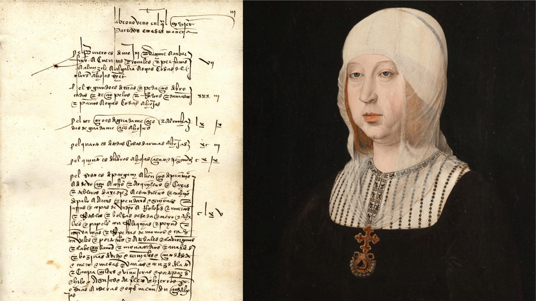 Página del libro noveno libro de cuentas del camarero de la Isabel La Católica, dedicado a perfumes, almohadas, armas o libros; y retrato de la reina.