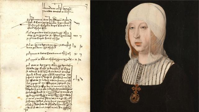 Página  del libro noveno libro de cuentas del camarero de la Isabel La Católica, dedicado a perfumes, almohadas, armas o libros; y retrato de la reina.