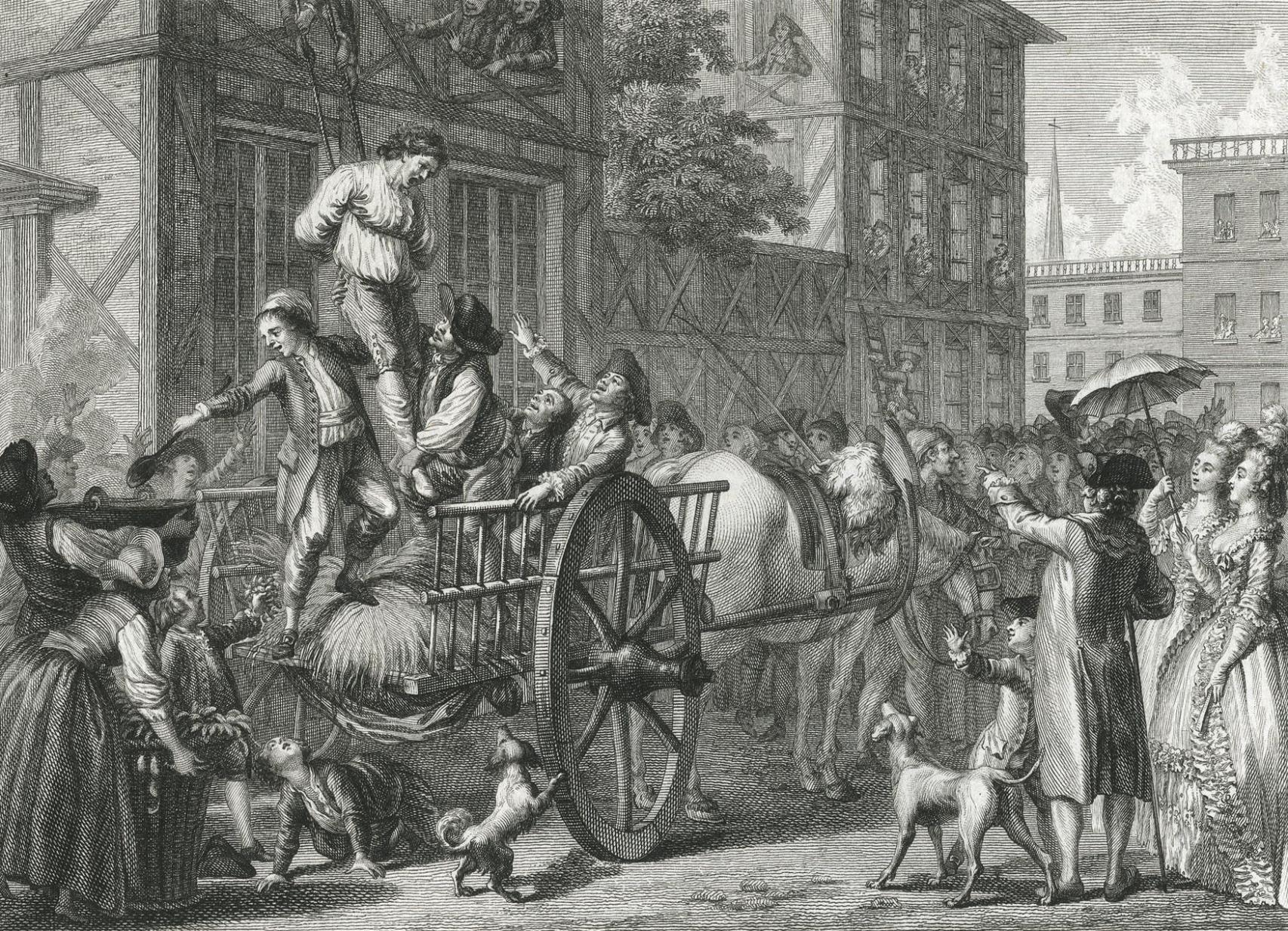 La población de Boston sacando a John Malcom de su casa y preparándose para embrearlo.