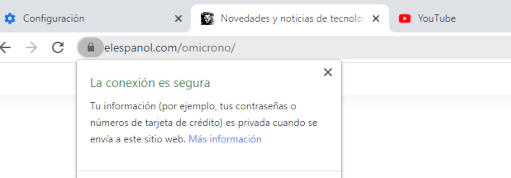 Mensaje de Chrome que indica que la conexión es segura