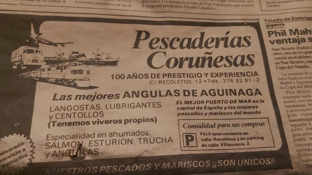 Anuncio de Pescaderías Coruñesas en la prensa.
