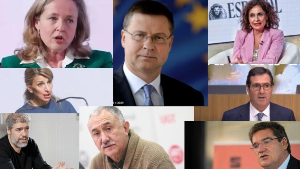 Nadia Calviño, Valdis Dombrovskis, María Jesús Montero, Yolanda Díaz, Antonio Garamendi, Unai Sordo, Pepe Álvarez y José Luis Escrivá.