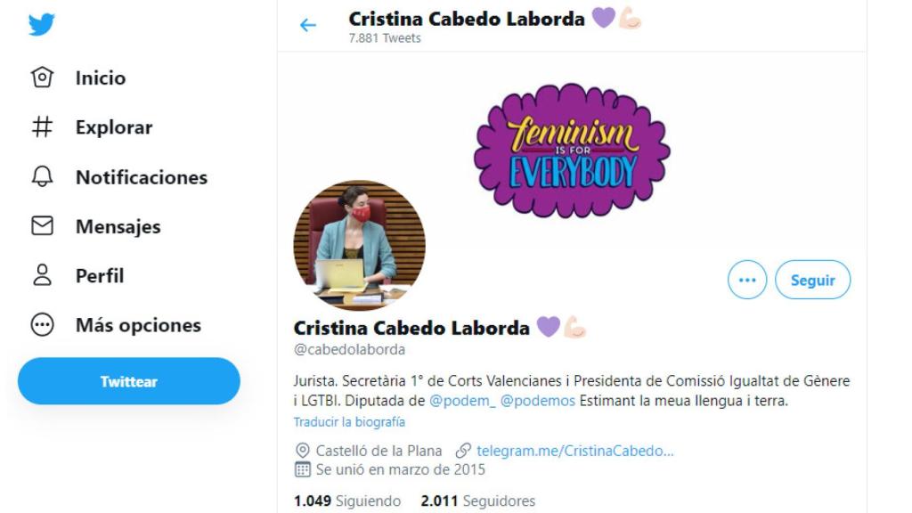 Imagen de la cuenta de Twitter de la diputada de Podemos Cristina Cabedo.