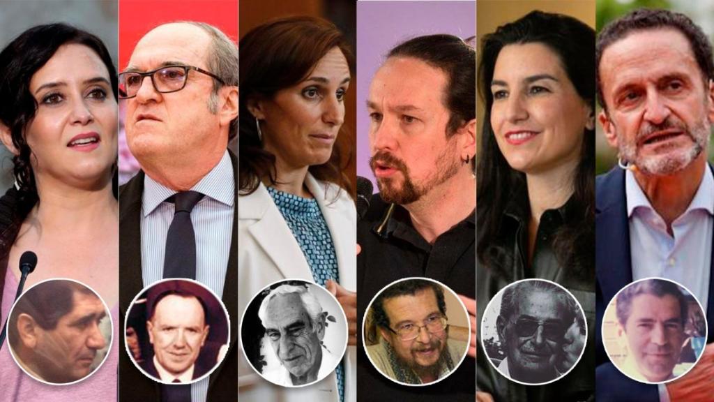 De izquierda a derecha: Isabel Díaz Ayuso, Ángel Gabilondo, Mónica García, Pablo Iglesias, Rocío Monasterio y Edmundo Bal. Debajo, sus respectivos padres.