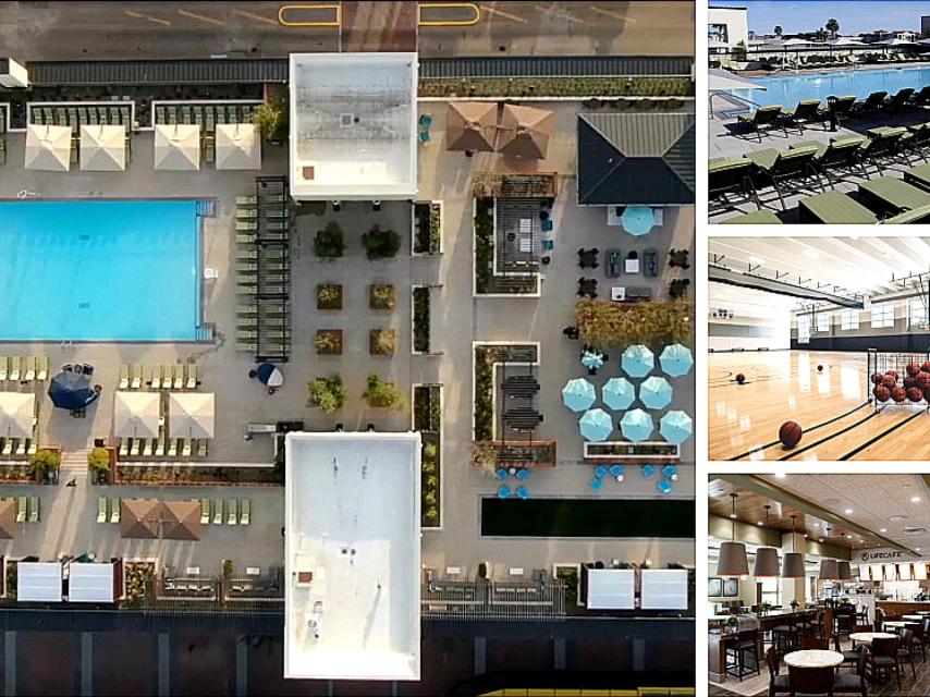 Vista aérea del impresionante gimnasio, y, a la derecha, algunas de sus instalaciones.