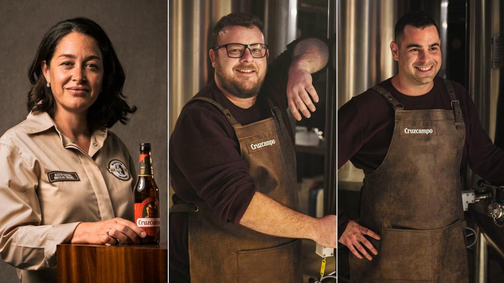 Lala Fernández, Jorge Varela y Juan Jiménez, maestros cerveceros de Cruzcampo.