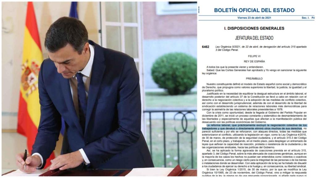 Pedro Sánchez y el BOE que arremete contra el PP al eliminar el delito de los piquetes coactivos.
