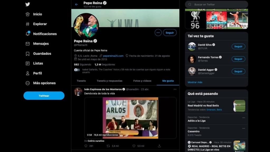 Pepe Reina y su 'me gusta' a Vox contra Pablo Iglesias