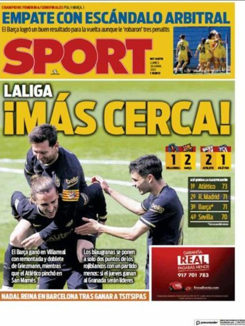 La portada del diario Sport (26/04/2021)
