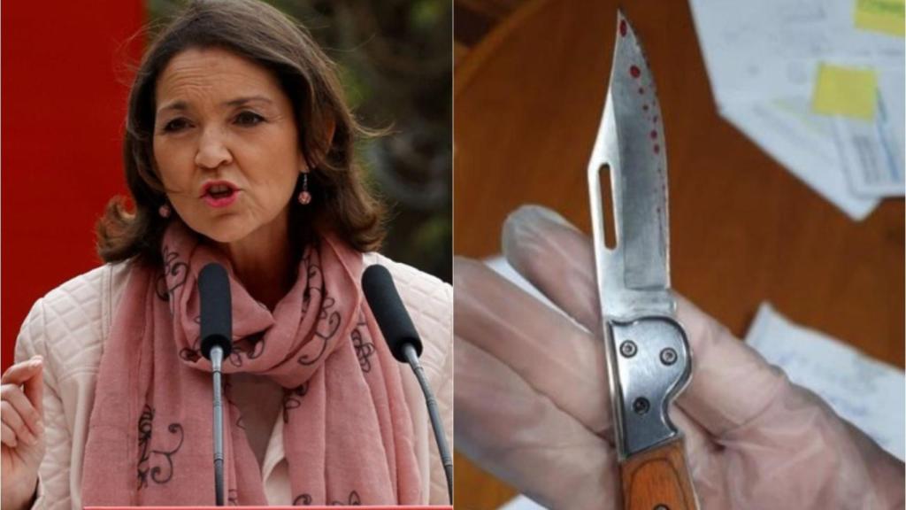 La navaja ensangrentada que ha recibido Reyes Maroto (izquierda).