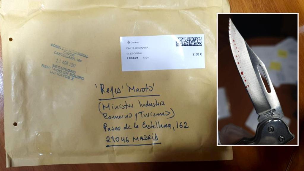 El sobre que contenía una navaja ensangrentada, remitido al Ministerio de Industria a nombre de Reyes Maroto.