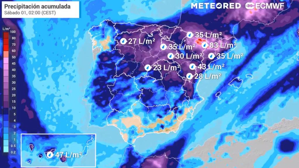 Precipitaciones acumuladas hasta el sábado. Meteored.
