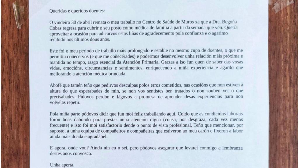 La carta de despedida del sanitario.