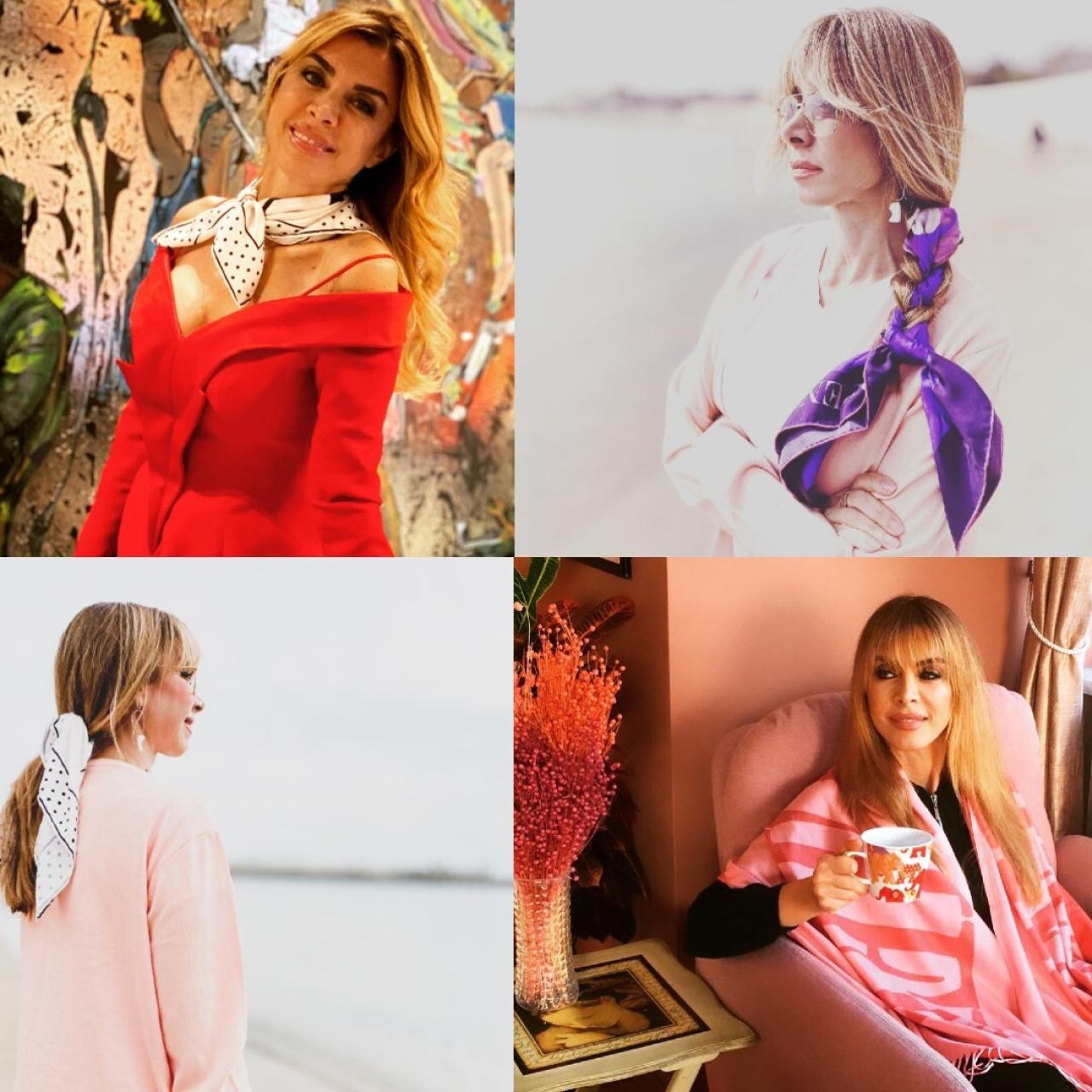 Varios de los productos de su marca, lucidos de diferentes maneras.