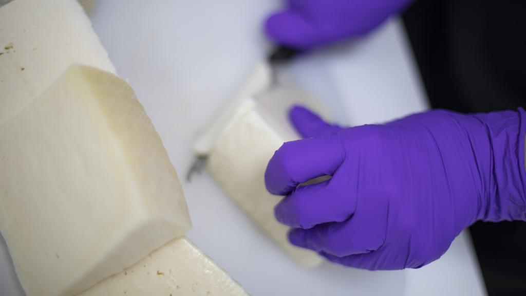 La analista sensorial Carmen cortando los quesos tiernos probados durante la cata.