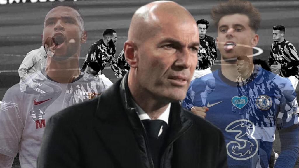 Youssef En-Nesyri, Zinedine Zidane, Mason Mount y los jugadores del Real Madrid en un fotomontaje