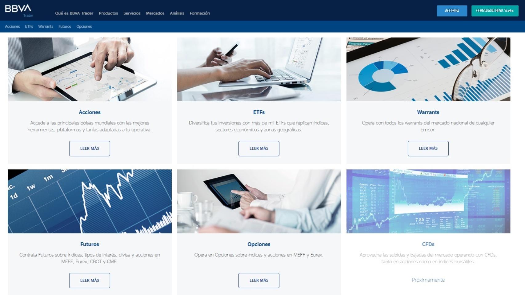 Una captura de la referencia a la próxima incorporación de CFD en la web de BBVA Trader.
