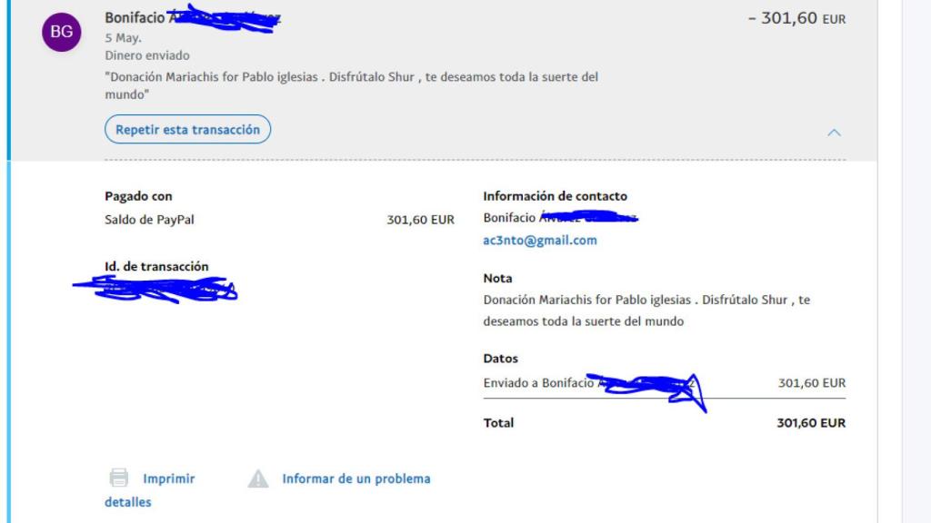 Recibo del pago a los mariachis, colgado por los organizadores en el foro