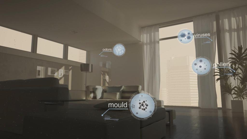 Simulación de radicales hidroxilo atrapando virus, polen y bacterias