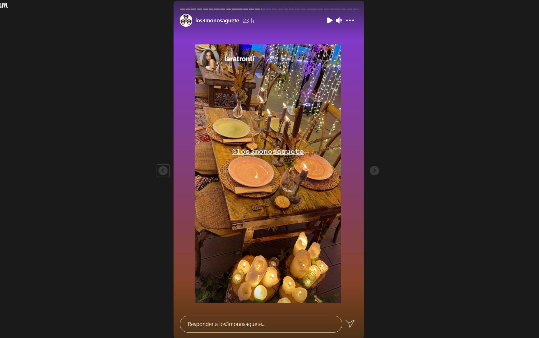 Captura de pantalla de una de las ‘stories‘ de Instagram de Lara Tronti, compartida por la cuenta de @los3monosaguete