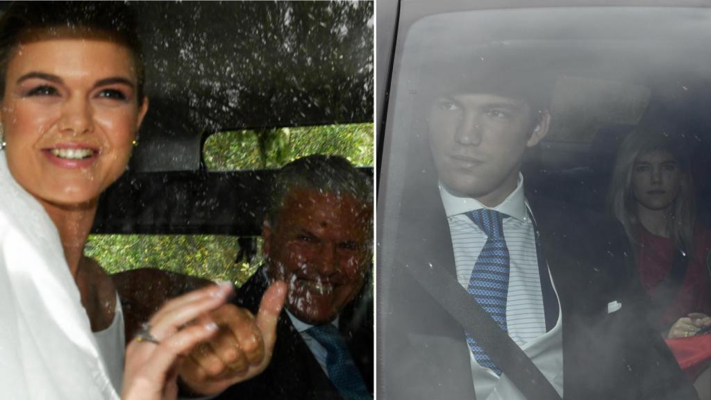 Alejandra Ruiz y Ernesto de Novales llegando a su boda en un montaje de JALEOS.